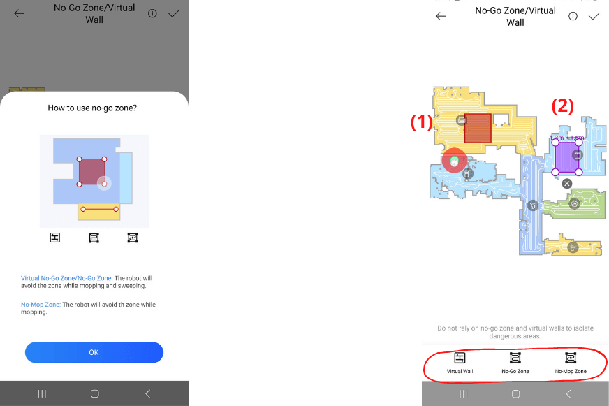 Зоны, в которых запрещено проводить влажную уборку, и зоны, в которых нельзя проводить сухую уборку, устанавливаются в приложении Dreame Home.